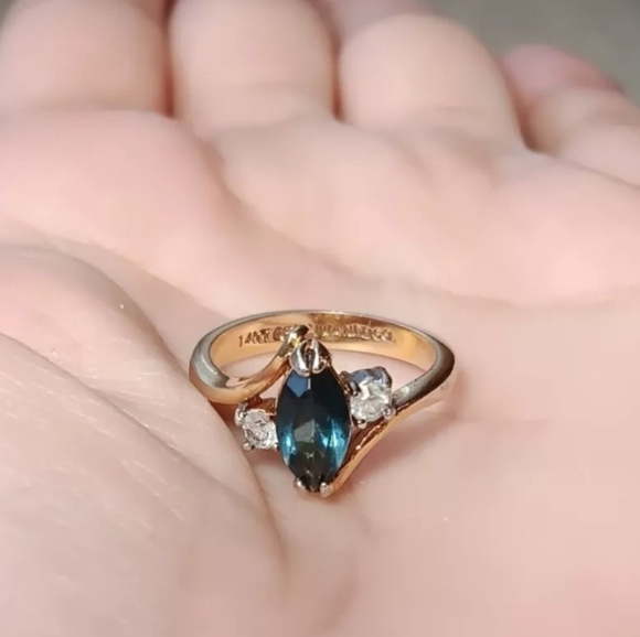 Blue Marquise Sapphire Engagement Ring 14kTG TAIWAN EDCO Yellow Gold SIZE 5 - Picture 3 of 8